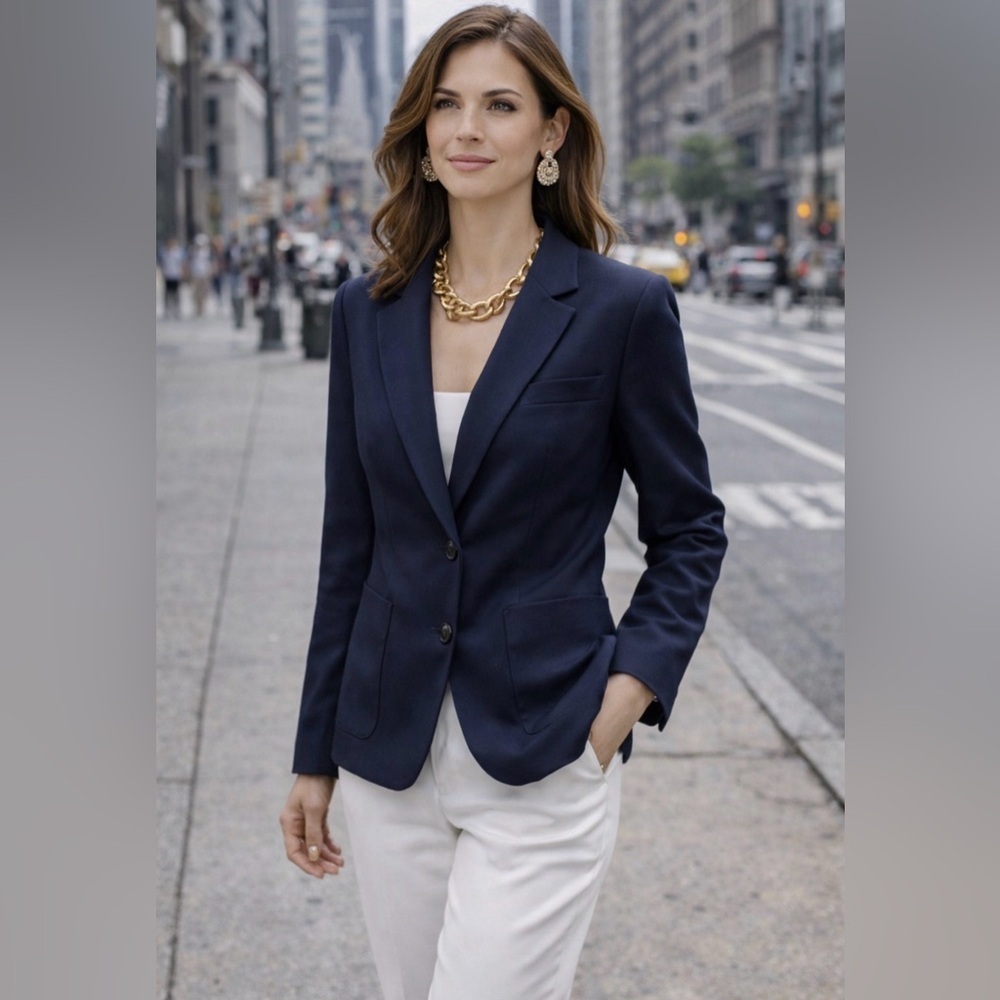 Sandro Paris Navy Blazer Single Breasted Textured Cotton Blend Size Small Career